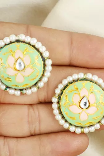 Meenakari pearl beaded round stud earrings