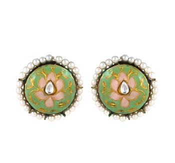 Meenakari pearl beaded round stud earrings 3