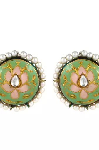 Meenakari pearl beaded round stud earrings