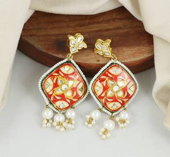 Red meena polki pearl beaded earrings 1