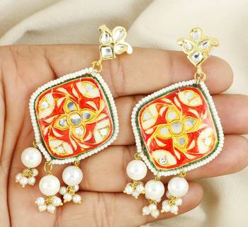 Red meena polki pearl beaded earrings 2