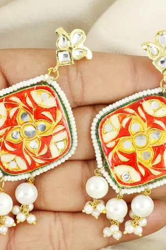 Red meena polki pearl beaded earrings