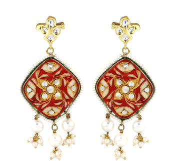 Red meena polki pearl beaded earrings 3
