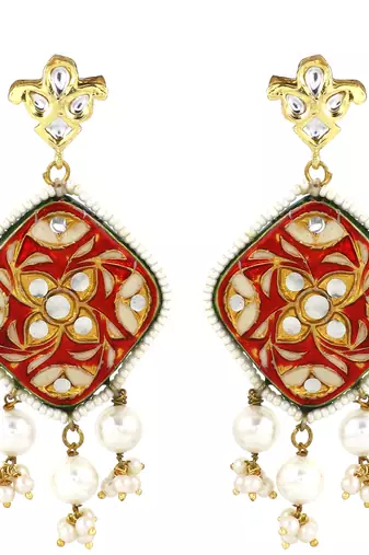 Red meena polki pearl beaded earrings