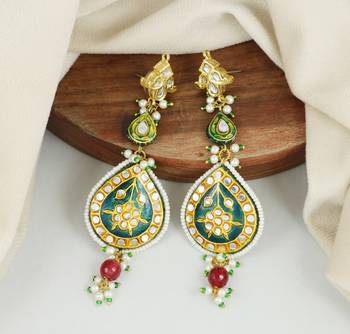 Polki green meena teardrop shape dangle earrings 1