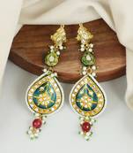 Polki green meena teardrop shape dangle earrings