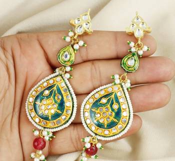 Polki green meena teardrop shape dangle earrings 2