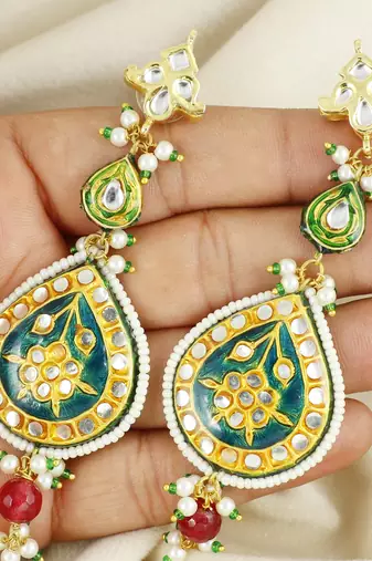 Polki green meena teardrop shape dangle earrings