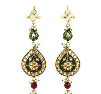 Polki green meena teardrop shape dangle earrings 3