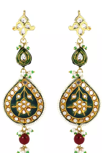 Polki green meena teardrop shape dangle earrings
