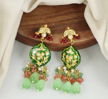 Green meena polki gold plating dangle earrings 3