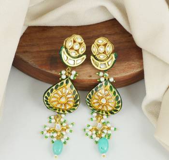 Green meenakari polki pearl beads earrings 1