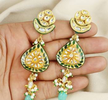 Green meenakari polki pearl beads earrings 2