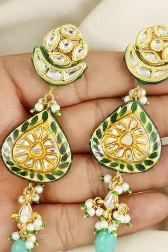 Green meenakari polki pearl beads earrings