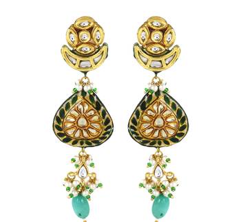 Green meenakari polki pearl beads earrings 3