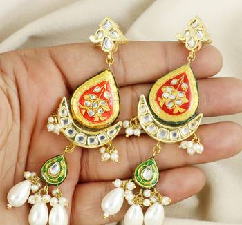 Crescent Moon Earrings Kundan Meena Jewelry 2