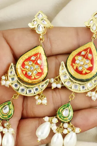 Crescent Moon Earrings Kundan Meena Jewelry