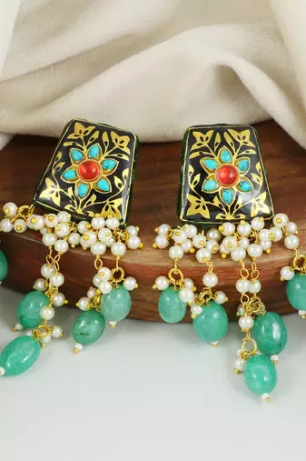 Black meena pearl beaded chandelier earrings