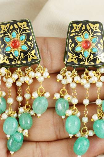 Black meena pearl beaded chandelier earrings