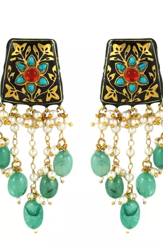 Black meena pearl beaded chandelier earrings