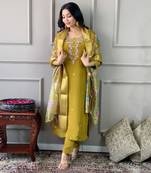 Mustard viscose chanderi heavy thread embroidery work with jacquard woven dupatta kurta pant set