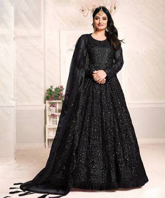 Black Net Resham Embroidered Wedding Wear Designer Anarkali Semi-Suit 1