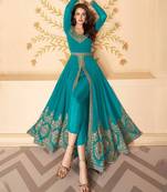 Blue Embroidered Georgette  Anarkali Suit Free size full stitched Up To 42" Size