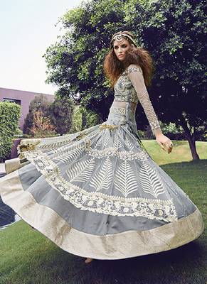 Grey embroidery zari work net anarkali suit 2