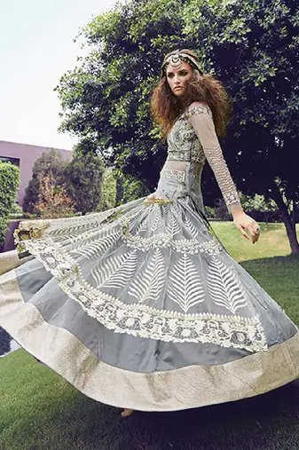 Grey embroidery zari work net anarkali suit