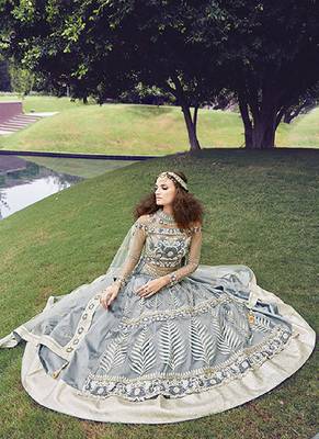 Grey embroidery zari work net anarkali suit 3