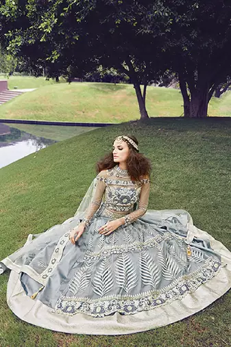 Grey embroidery zari work net anarkali suit