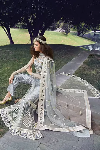 Grey embroidery zari work net anarkali suit