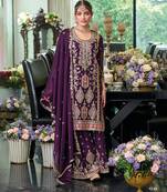 Purple premium embroidered chinon silk stitched salwar suit (free size)