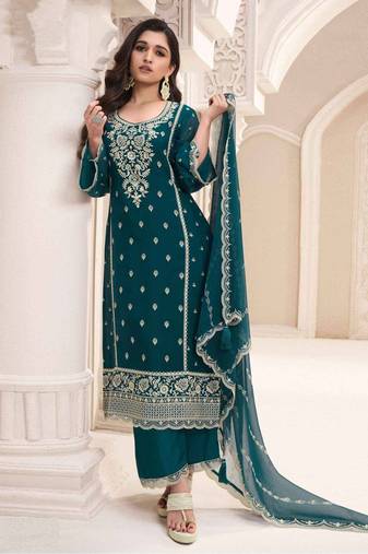 Teal green embroidered chiffon semi-salwar suit