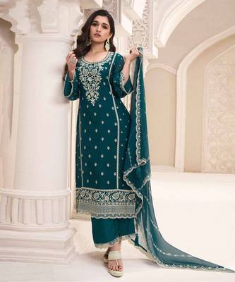 Teal green embroidered chiffon semi-salwar suit 1