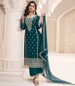 Teal green embroidered chiffon semi-salwar suit