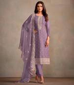 Purple Embroidered Organza Semi-Salwar Suit