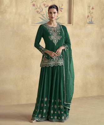 Green chinon silk embroidered Palazzo suit 6