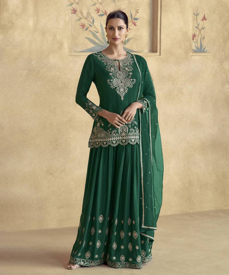 Green chinon silk embroidered Palazzo suit