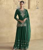 Green chinon silk embroidered Palazzo suit