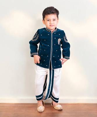 Teal blue embroidered bandgala set 1