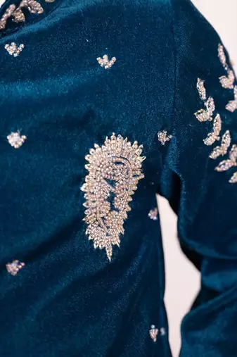 Teal blue embroidered bandgala set
