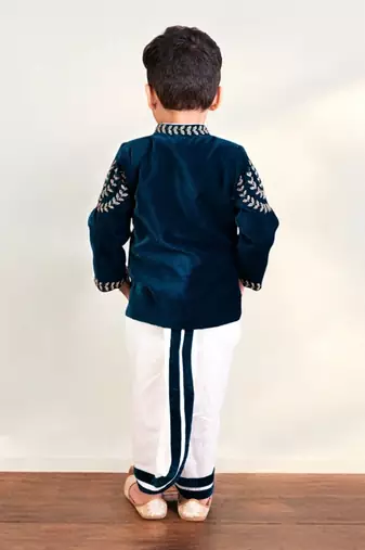 Teal blue embroidered bandgala set
