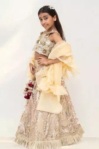 Golden embroidery lehenga with 3d flowers choli