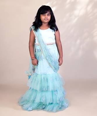 Blue embroidered lehenga saree 1