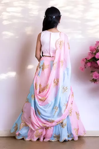 Pink & blue embroidered lehenga set