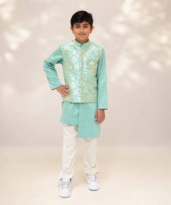 Green brocade jacket with kurta and pant 1