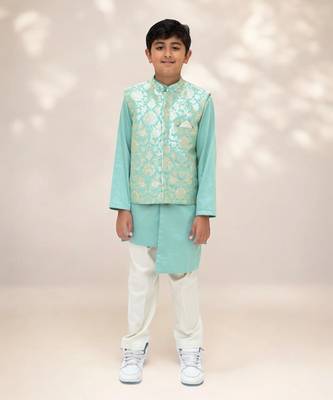 Green brocade jacket with kurta and pant 2