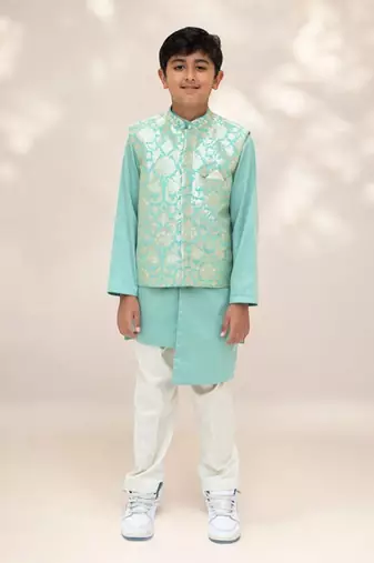 Green brocade jacket with kurta and pant