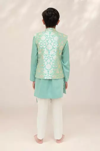 Green brocade jacket with kurta and pant